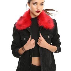 Hot Topic Red Fur Black Distressed Denim Jacket